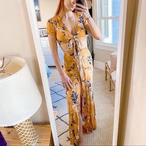 Olivaceous Two Piece Crop Top Maxi Skirt Beach Island Vacation Set Golden Yellow